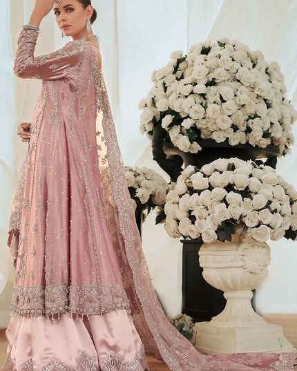 Reema | Pink Tissue Embellished Bridal Sharara Peshwas