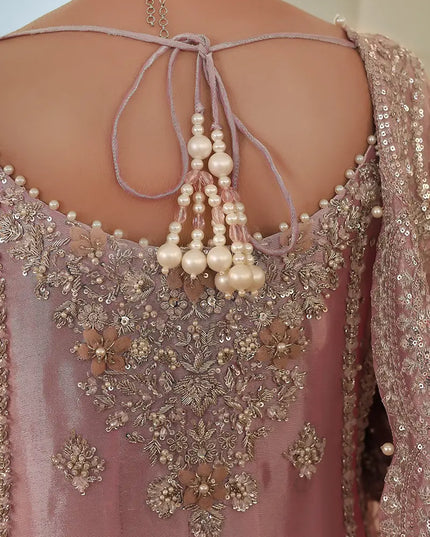 Reema | Pink Tissue Embellished Bridal Sharara Peshwas