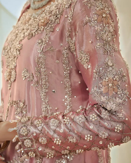 Reema | Pink Tissue Embellished Bridal Sharara Peshwas