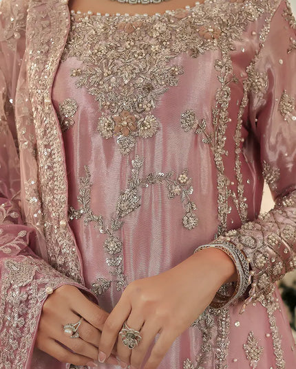 Reema | Pink Tissue Embellished Bridal Sharara Peshwas