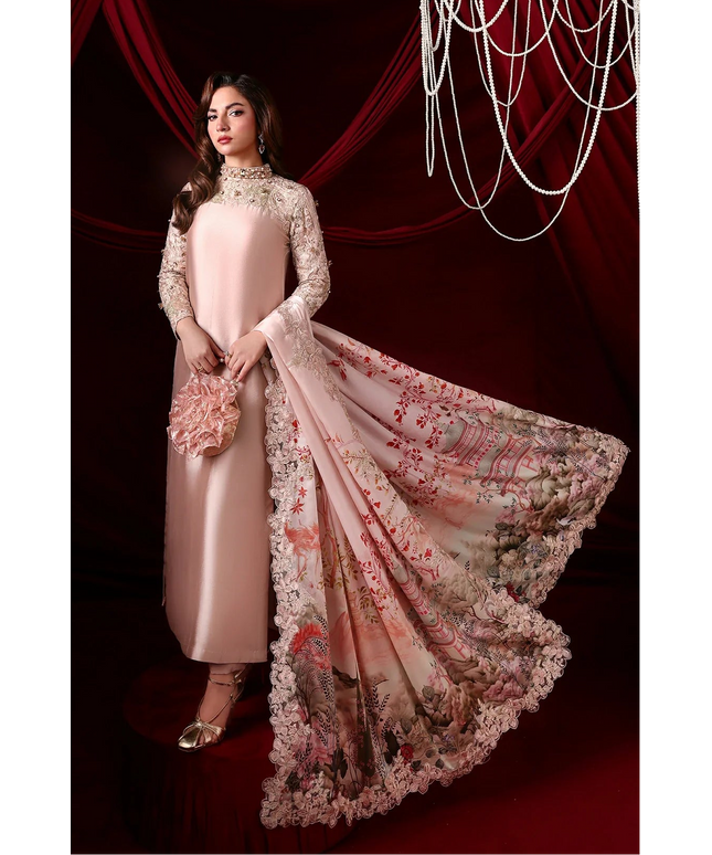 Rosaline | Blush Champagne Tissue Silk Embroidered Embellished Suit