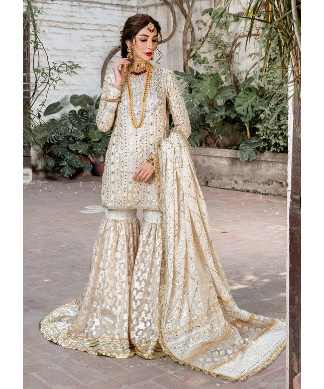 Roshni | Off White Chicken Kari Hand Embellished Gharara