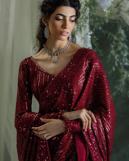 Naveen | Maroon Embroidered Chiffon Saree