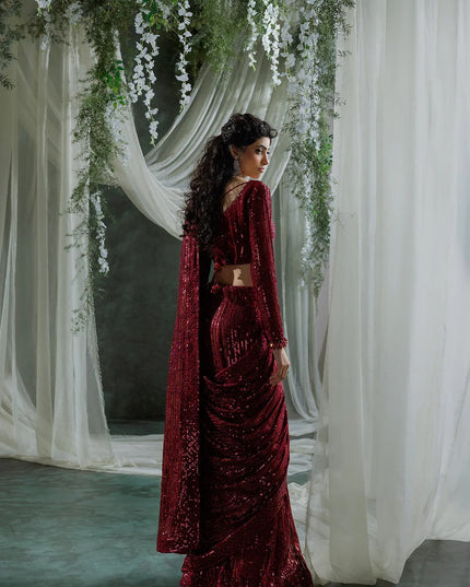 Naveen | Maroon Embroidered Chiffon Saree