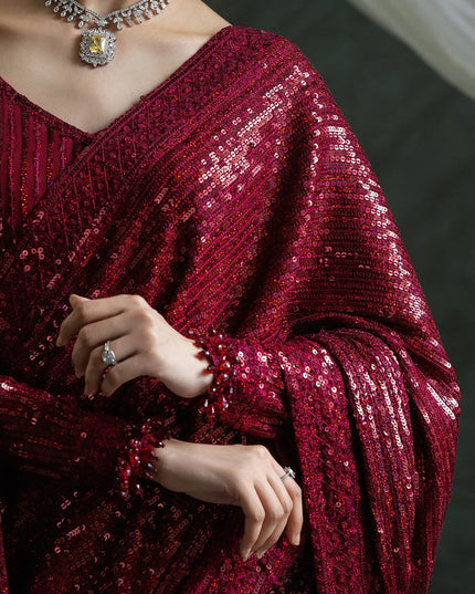 Naveen | Maroon Embroidered Chiffon Saree