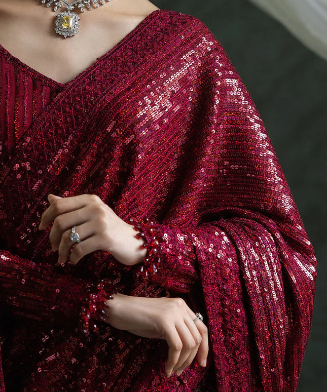 Naveen | Maroon Embroidered Chiffon Saree