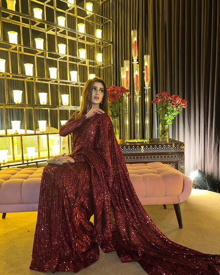 Naveen | Maroon Embroidered Chiffon Saree
