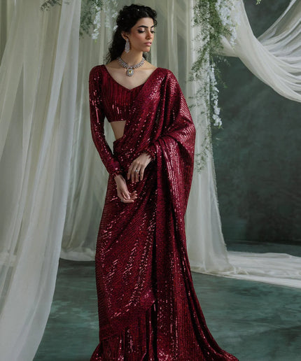 Naveen | Maroon Embroidered Chiffon Saree