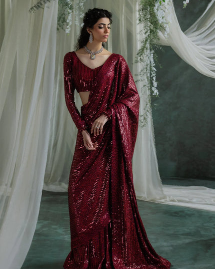 Naveen | Maroon Embroidered Chiffon Saree