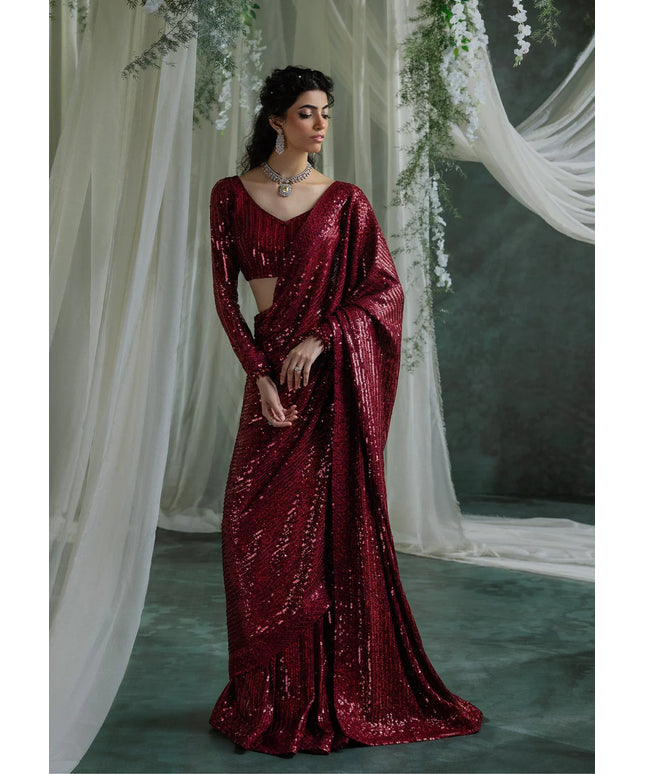 Naveen | Maroon Embroidered Chiffon Saree
