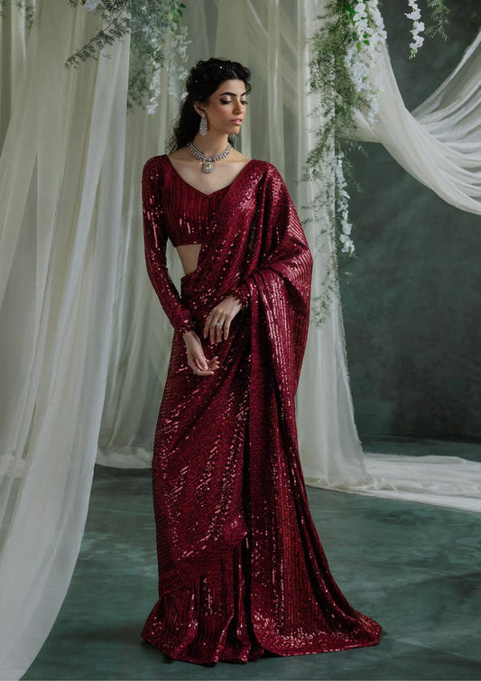 Naveen | Maroon Embroidered Chiffon Saree