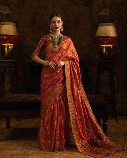 Mahal | Rust Tussar Silk Embroidered Saree