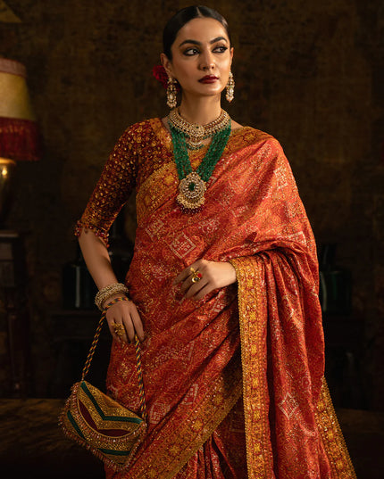 Mahal | Rust Tussar Silk Embroidered Saree
