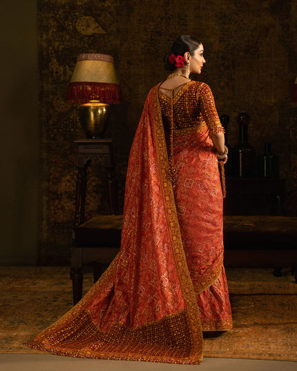 Mahal | Rust Tussar Silk Embroidered Saree
