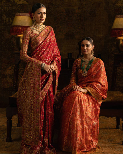 Mahal | Rust Tussar Silk Embroidered Saree