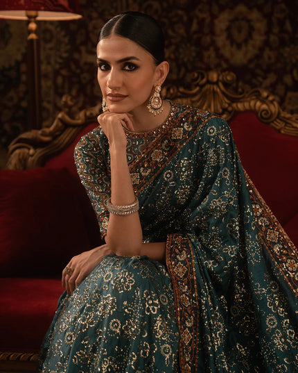 Fitooré | Teal Tussar Silk Embroidered Saree