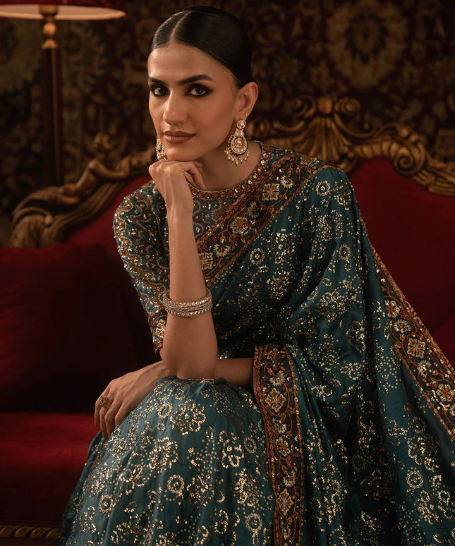 Fitooré | Teal Tussar Silk Embroidered Saree