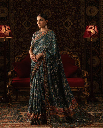 Fitooré | Teal Tussar Silk Embroidered Saree