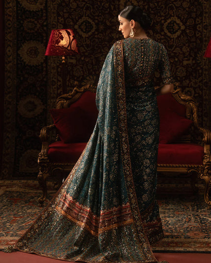 Fitooré | Teal Tussar Silk Embroidered Saree