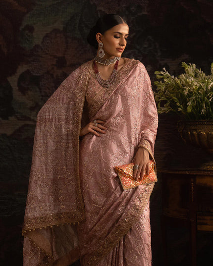 Gulzaré | Powder Pink Tussar Silk Embroidered Saree
