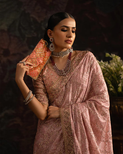 Gulzaré | Powder Pink Tussar Silk Embroidered Saree