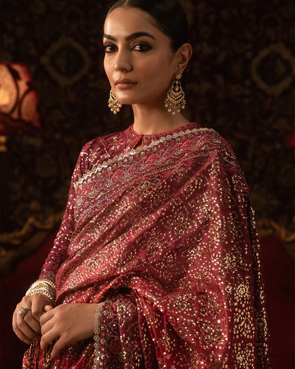 Rukhsaar | Magenta Tussar Silk Embroidered Saree