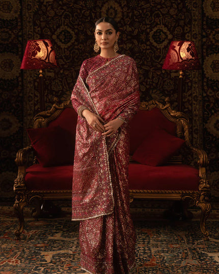 Rukhsaar | Magenta Tussar Silk Embroidered Saree