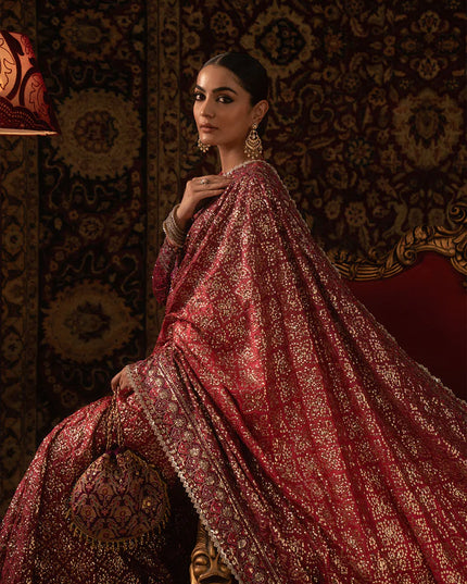 Rukhsaar | Magenta Tussar Silk Embroidered Saree