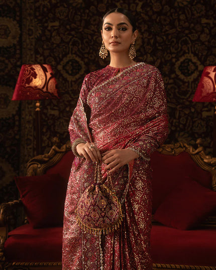 Rukhsaar | Magenta Tussar Silk Embroidered Saree