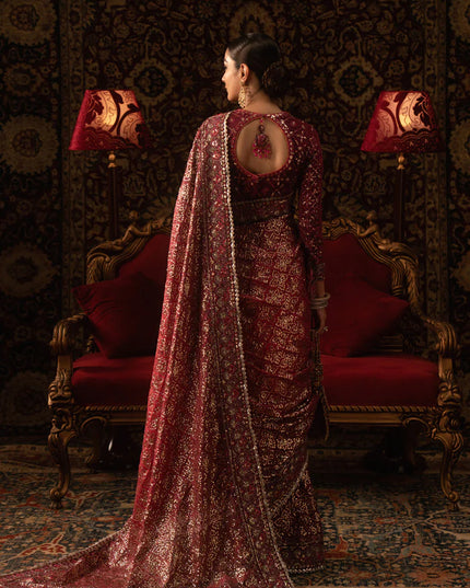 Rukhsaar | Magenta Tussar Silk Embroidered Saree