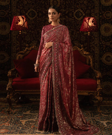 Rukhsaar | Magenta Tussar Silk Embroidered Saree