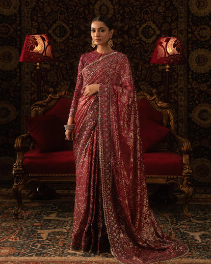 Rukhsaar | Magenta Tussar Silk Embroidered Saree