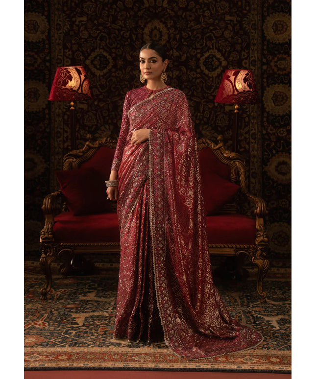 Rukhsaar | Magenta Tussar Silk Embroidered Saree