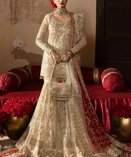 Pemaan | Beige Embroidered Hand Embellished Net Gharara
