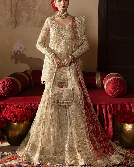 Pemaan | Beige Embroidered Hand Embellished Net Gharara