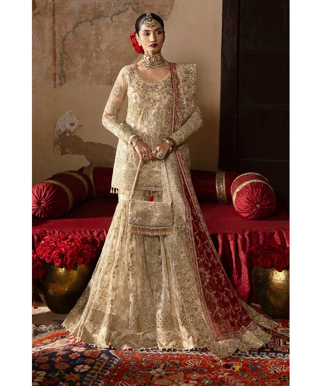 Pemaan | Beige Embroidered Hand Embellished Net Gharara