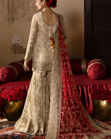Pemaan | Beige Embroidered Hand Embellished Net Gharara