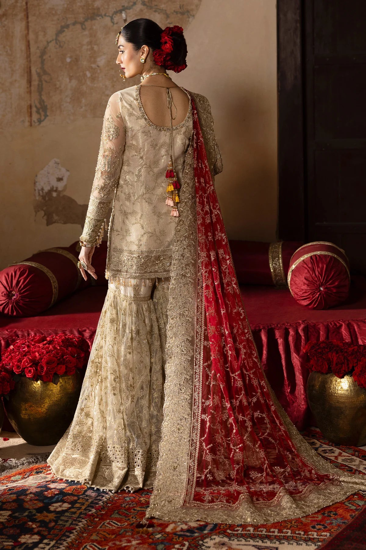 Pemaan | Beige Embroidered Hand Embellished Net Gharara