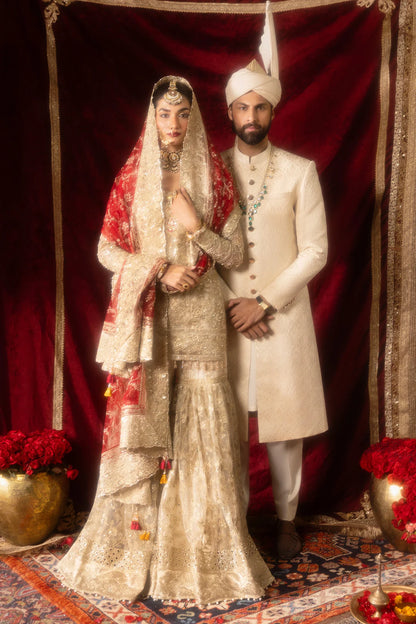 Pemaan | Beige Embroidered Hand Embellished Net Gharara