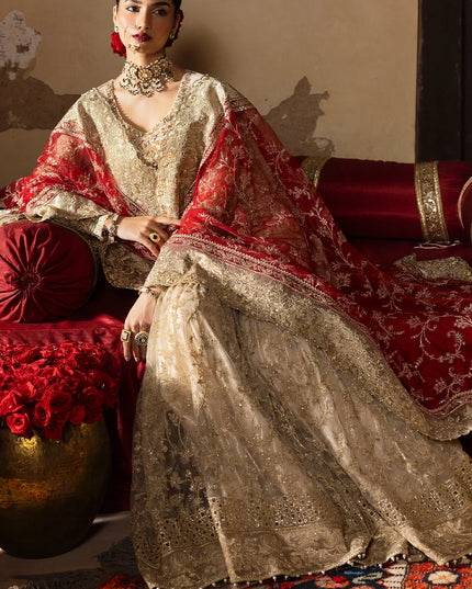 Pemaan | Beige Embroidered Hand Embellished Net Gharara