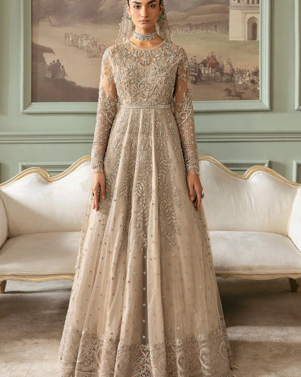 Tabaan | Silver Net Hand Embellished Embroidered Maxi Dress