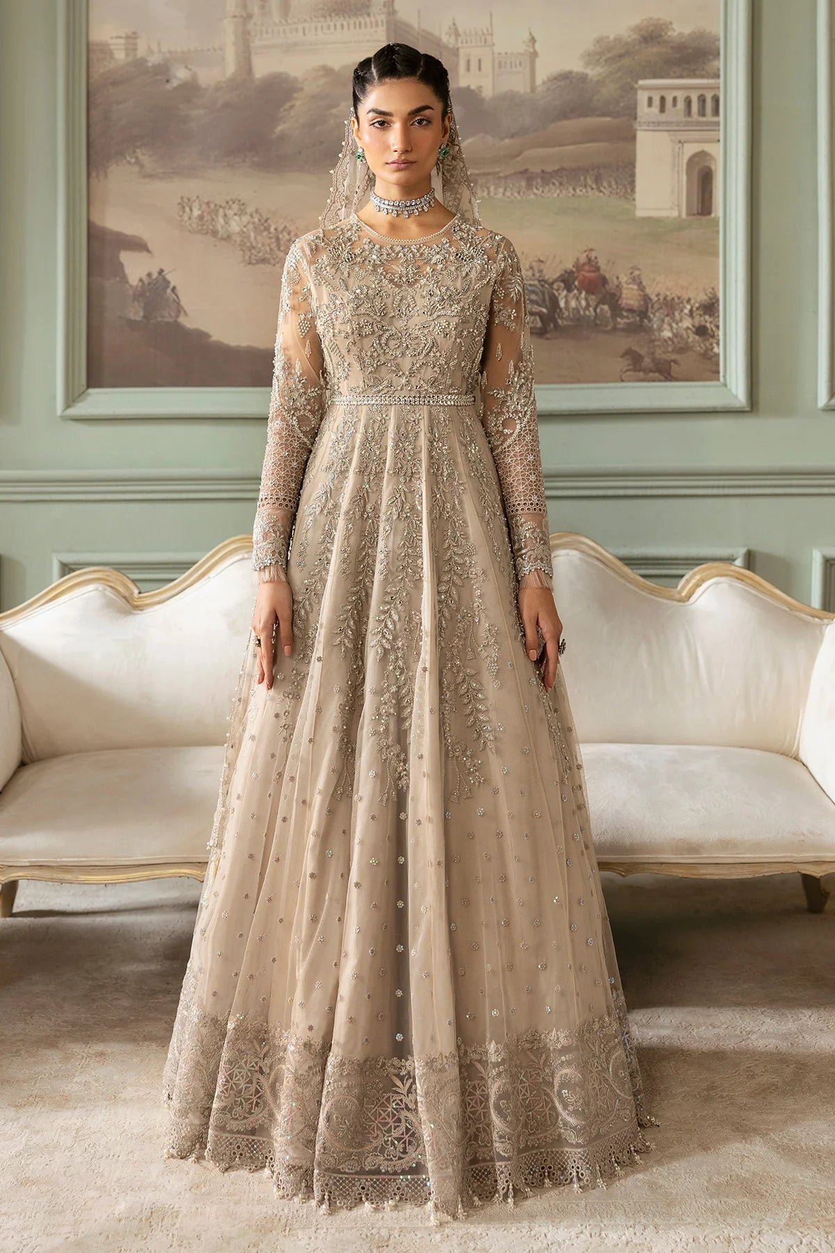 Tabaan | Silver Net Hand Embellished Embroidered Maxi Dress