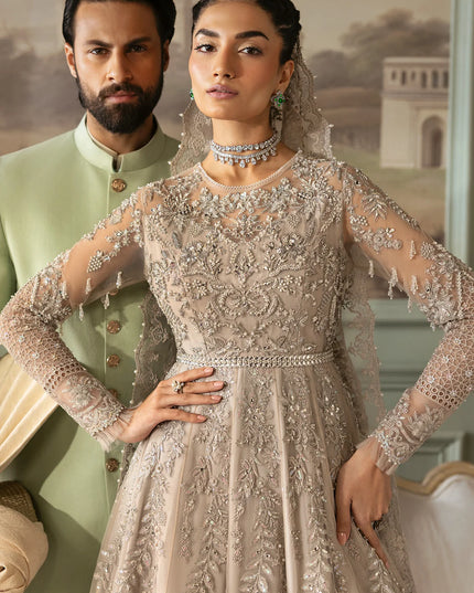 Tabaan | Silver Net Hand Embellished Embroidered Maxi Dress