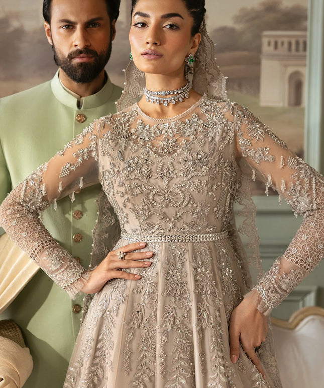 Tabaan | Silver Net Hand Embellished Embroidered Maxi Dress