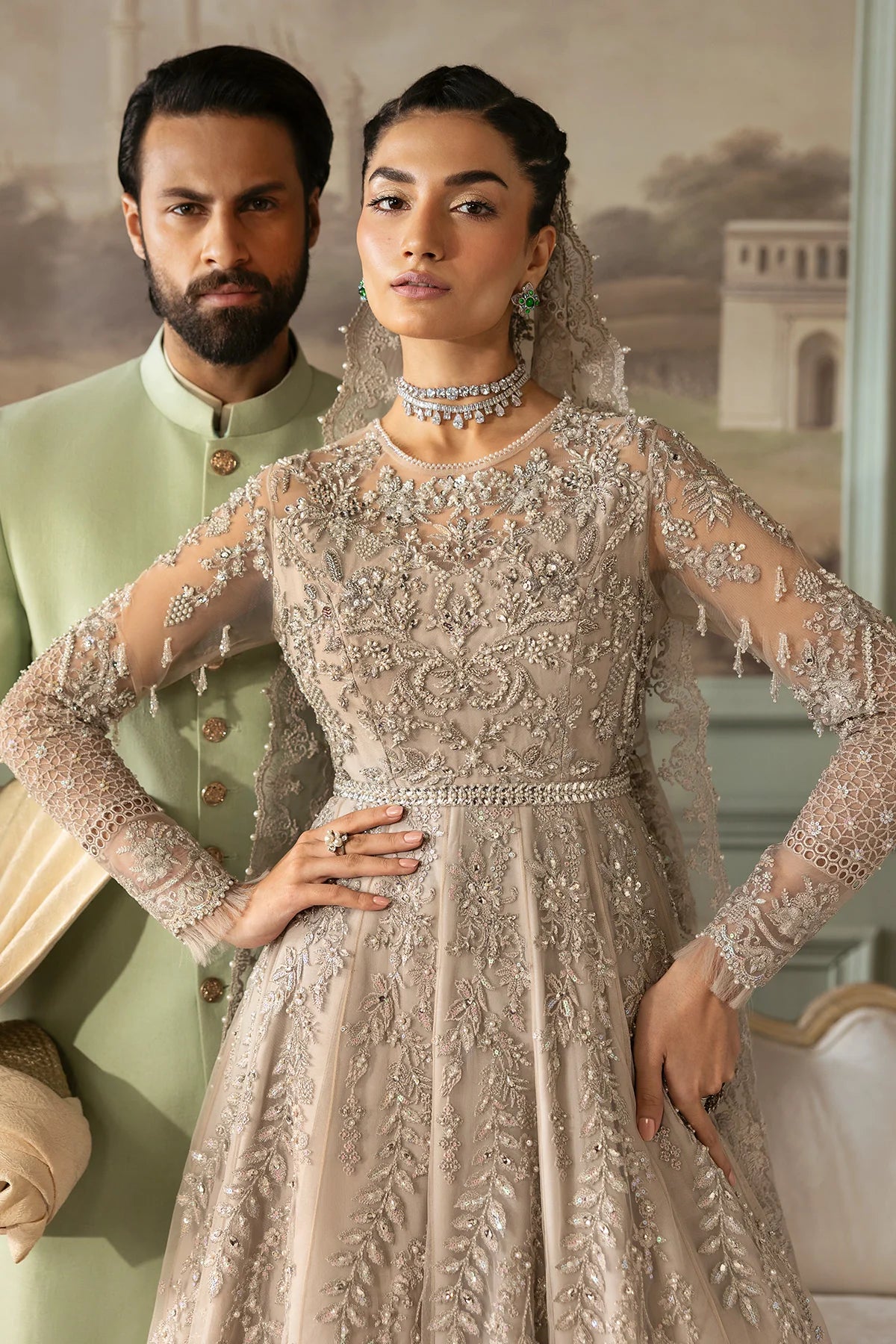 Tabaan | Silver Net Hand Embellished Embroidered Maxi Dress