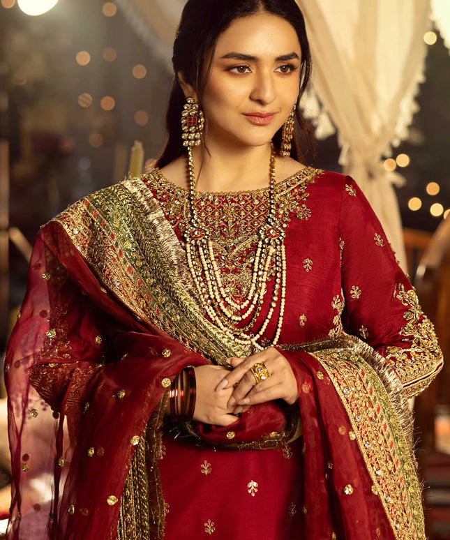 Maria B | Maroon Raw Silk Embroidered Gharara