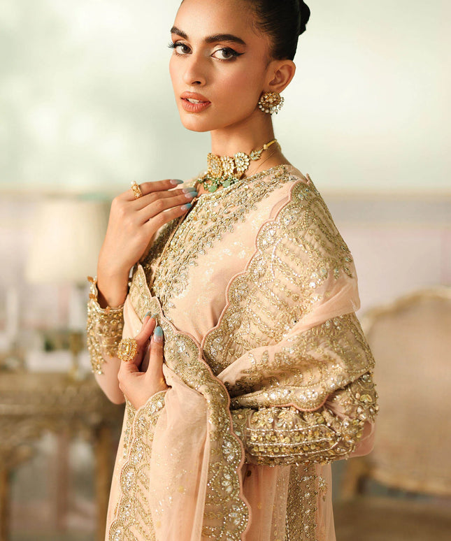 Maria B | Peach Embroidered Net Sharara