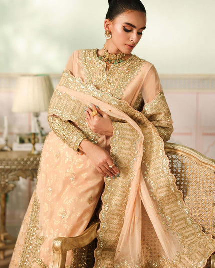 Maria B | Peach Embroidered Net Sharara