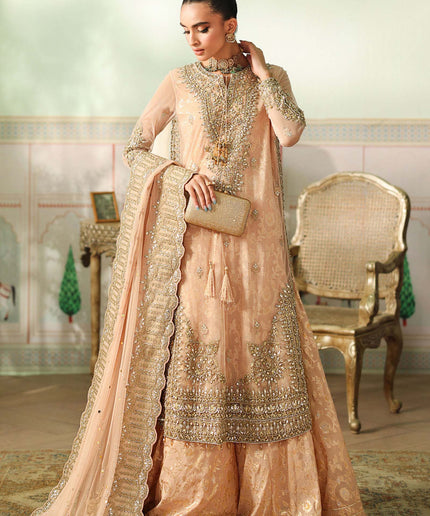 Maria B | Peach Embroidered Net Sharara