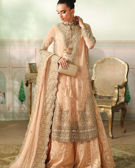 Maria B | Peach Embroidered Net Sharara